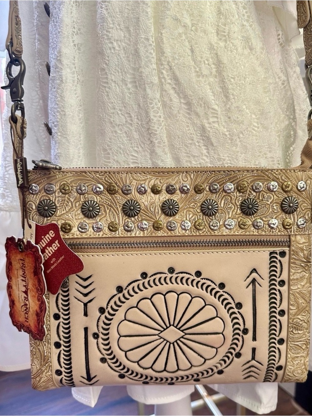 Trinity Ranch Western Boho Embossed Crossbody Bag in Tan with Tri Colored Studs